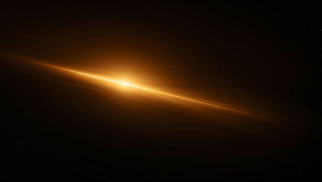 Golden stellar beam streaming across deep space with luminous core and filament tail
