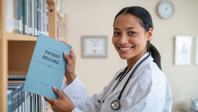 Smiling clinician holding blue patient record folder while organizing medical files