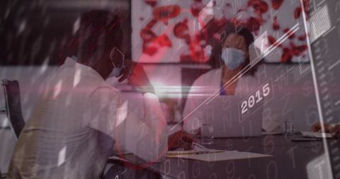 Analyzing pandemic impact during masked boardroom meeting with data and virus graphics