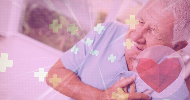 Elderly Man Experiencing Chest Pain with Medical Health Graphic Overlay - Download Free Stock Images Pikwizard.com