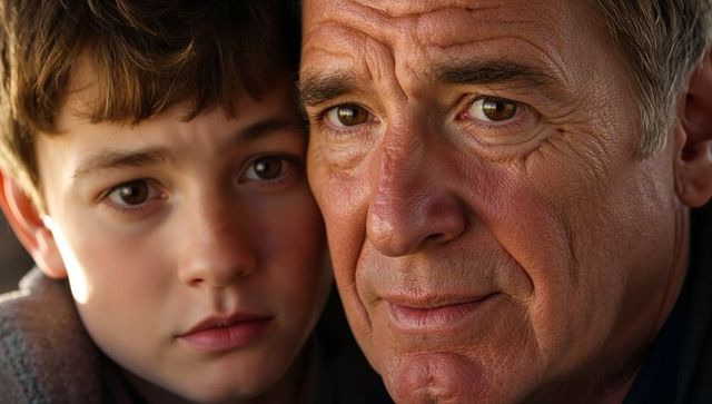 Intimate close-up showing father and son sharing quiet moment, warm emotional bond