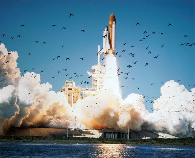 This dramatic scene captures the space shuttle Challenger during liftoff from Pad 39B on January 28, 1986. The rising shuttle is enveloped in clouds of thick smoke, and numerous birds are seen flying amidst the scene. The photograph is taken seconds before a tragic accident 73 seconds after launch that claimed both the crew and the vehicle. Useful for historical documentaries, educational materials on space exploration accidents, NASA projects, and discussions on space missions safety.