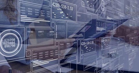 Two Colleagues Discussing Data Amidst Digital Interface Overlay