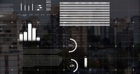 Futuristic data analytics interface over metropolitan skyline