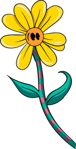 Vibrant flat design yellow flower with striped stem on transparent background