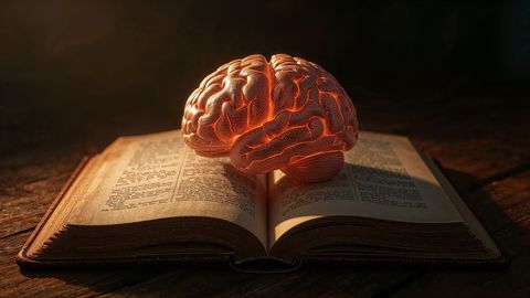 Anatomical brain model on open vintage book with ambient lighting