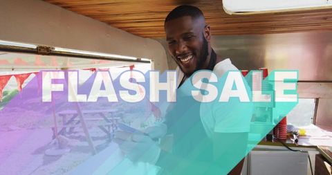 Happy vendor cleaning dishes in mobile dining flash sale