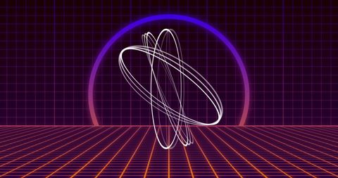 Abstract Neon Light Circles with Retro Grid Background