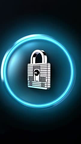 Vertical tech clip showing metallic padlock rotating inside neon ring for cybersecurity