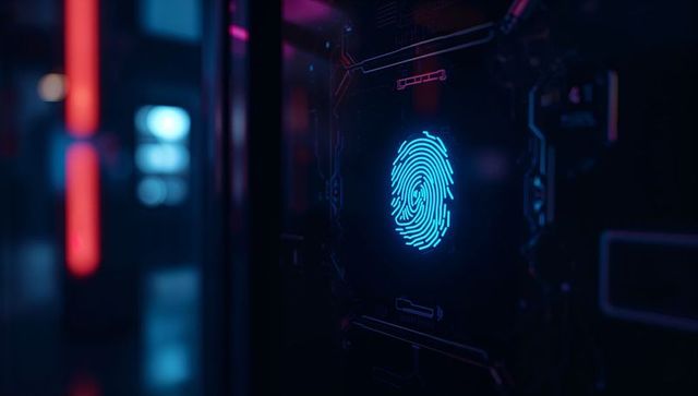 Futuristic Fingerprint Security Interface in Neon-Lit Server Room