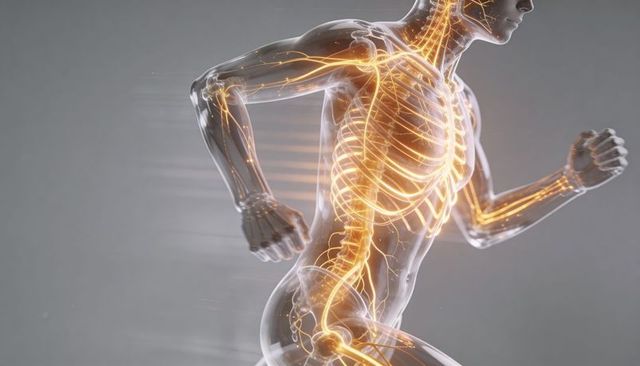 Transparent anatomical runner revealing glowing neural pathways and skeletal movement