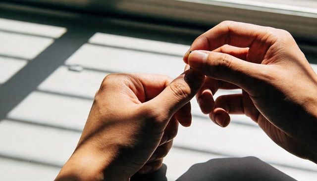 Hands examining fingernail with toothpick near sunlit window blinds casting shadows