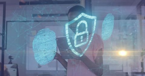 Digital Security Interface with Fingerprint and Padlock Overlay in Office