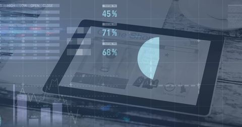 Digital financial data analysis on tablet interface overlay