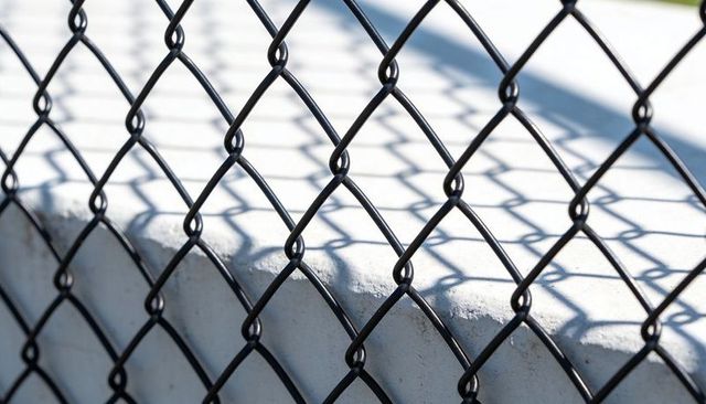 Chain-link fence casting geometric shadow on concrete ledge, high-contrast texture