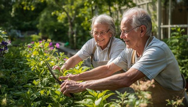 Senior couple pruning plants in sunlit greenhouse raised beds, sharing gardening hobby