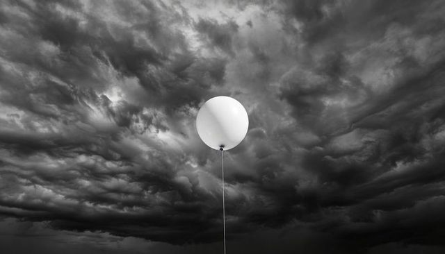 Floating white balloon looming above dramatic storm clouds in monochrome minimalism