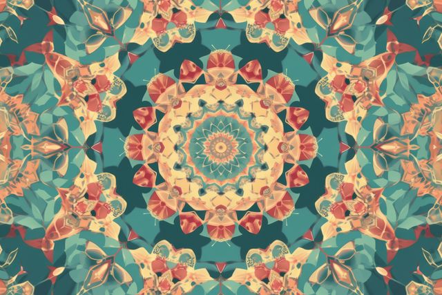 This highly intricate and symmetrical kaleidoscopic pattern displays vibrant colors and geometric shapes. Ideal for use in digital backgrounds, artistic projects, textile designs, wall art, and meditation visuals.