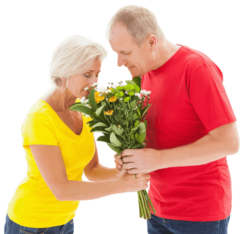 Mature Couple Enjoying Bouquet with Transparent Background