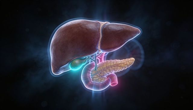 3d medical illustration depicting liver, gallbladder, biliary ducts, pancreas and duodenum