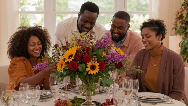 African american friends arranging sunflower and rose centerpiece at autumn dinner table