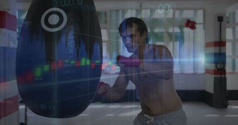 Shirtless boxer training with financial chart overlay showing focus, sweat and discipline