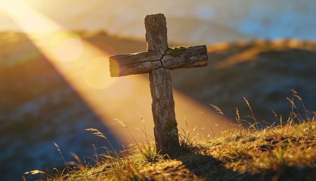 Standing weathered wooden cross soaking golden sunrise beams on grassy hill, mossy crucifix