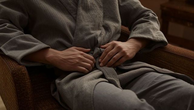 Adjusting robe belt closeup, man tying grey loungewear on armchair, relaxed detail