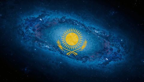 Golden Kazakh Sun Emblem Hovering Over Blue Spiral Galaxy Nebula Cosmic Background