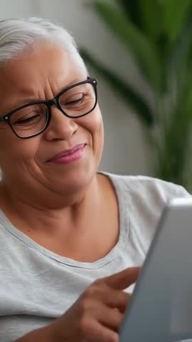 Senior woman tapping tablet and smiling in vertical video for digital lifestyle and care