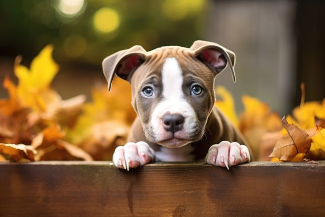 Portrait of brown and white pitbull puppy resting on wood, created using generative ai technology. Animal, dog and pet concept digitally generated image.