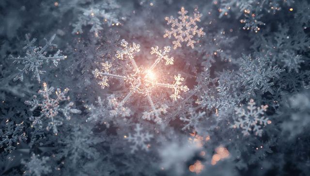 Glowing Hexagonal Snowflake Macro with Warm Amber Glow and Frosty Crystal Bokeh