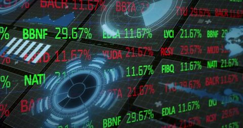 High-tech financial market interface with floating data and analytics