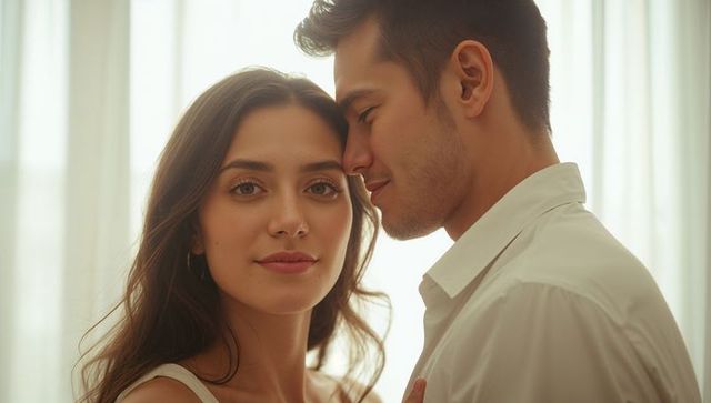 Intimate backlit couple leaning heads together in subtle white light, romantic closeup