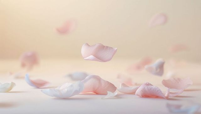 Floating pale pink rose petal hovering over soft pastel surface with gentle bokeh