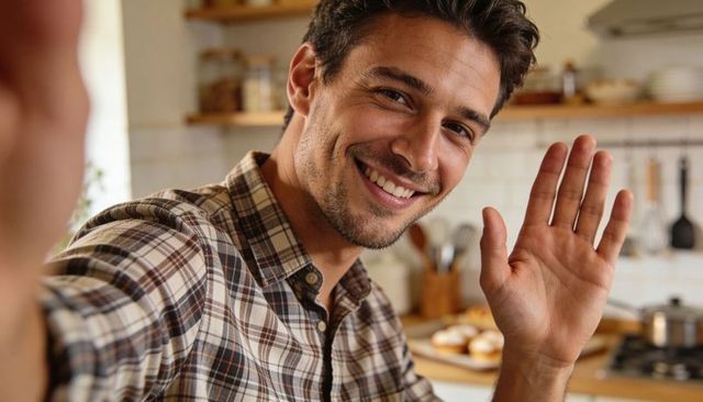 Smiling young man waving in cozy kitchen selfie with tray of muffins on wooden counter