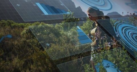 Female Hiker Exploring Trail with Augmented Reality Data Panels and Outdoor Analytics