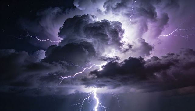 Violet lightning striking towering cumulonimbus cloud at night with forked thunderbolts