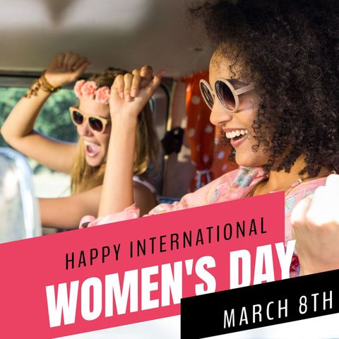 Joyful Women Celebrating International Women's Day on Road Trip