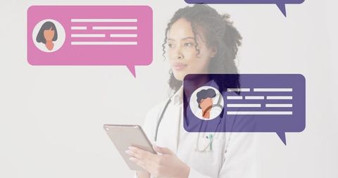 Female doctor engaging in telemedicine with digital chat interface