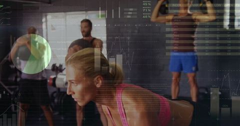 Woman exercising with transparent fitness data overlay