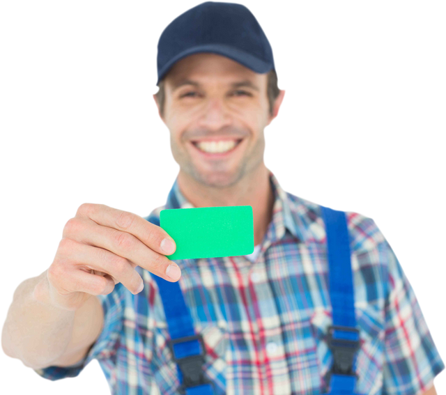 Transparent Smiling Craftsman Holding Blank Green Card - Download Free Stock Videos Pikwizard.com