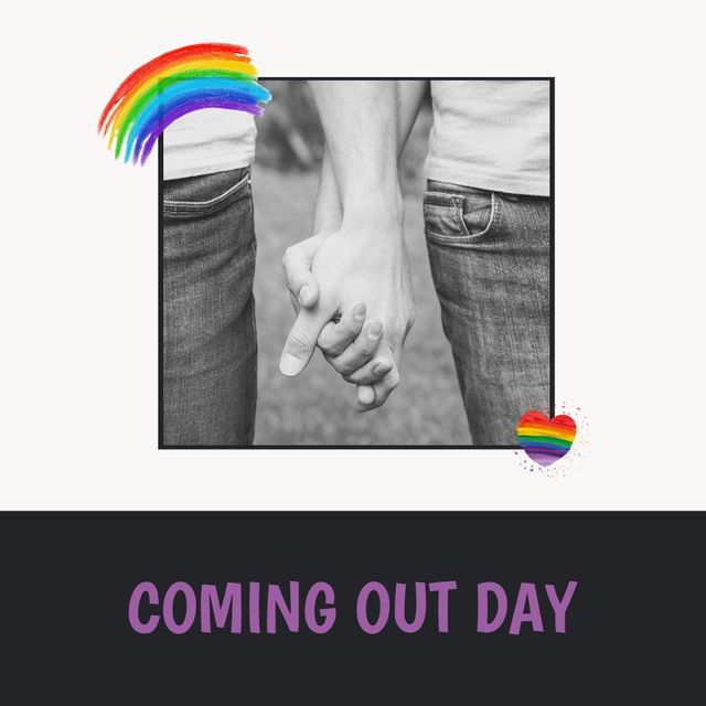Caucasian couple celebrating Coming Out Day by holding hands with rainbows representing LGBTQ+ pride. Useful for promoting LGBTQ+ awareness, equality initiatives, and support resources.