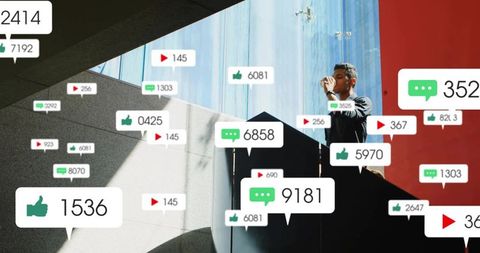 Standing man holding cup on staircase with social media notification overlays, copy space