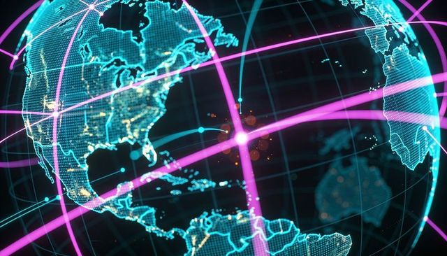 Rotating neon cyber globe with interconnected magenta network arcs and glowing hubs