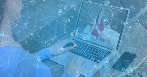 Remote businesswoman video call with cryptocurrency overlay