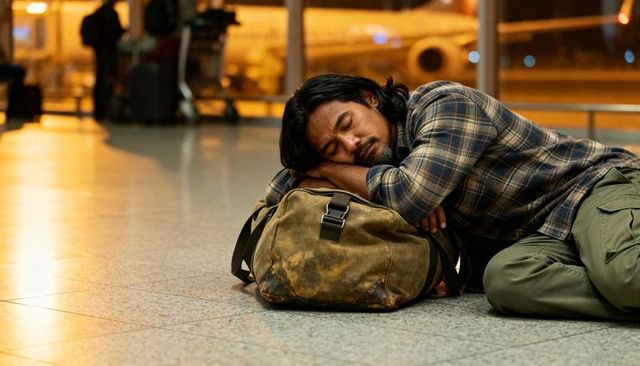Sleeping traveler resting on worn duffel in airport terminal during overnight layover
