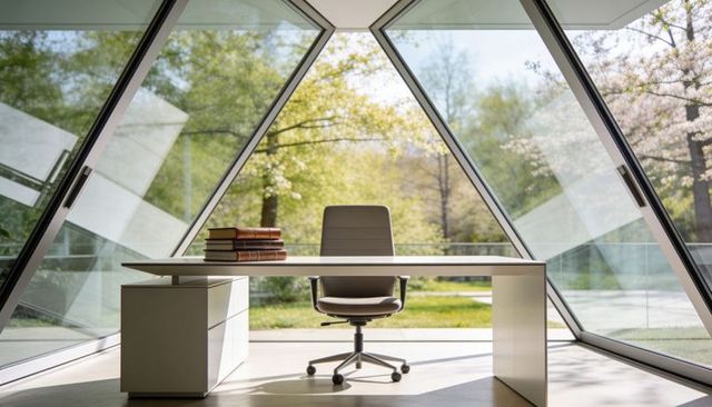 Sunlit minimalist glass office desk facing lush park view with leather chair and books