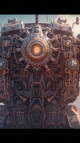 Vertical cinematic footage pulsing mech torso receiving power signal cycling core and gears