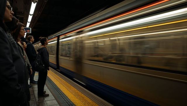 Commuters waiting on subway platform with train rushing by in motion blur